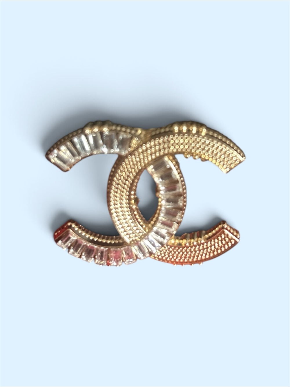 Gold Interlocking Brooch with Clear Crystal Accents